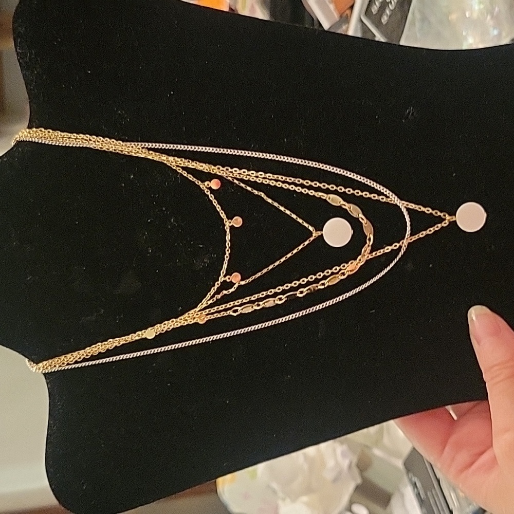 Gold Tone White Pearlized Round Shell Multi Chain Layered Necklace - Picture 1 of 4